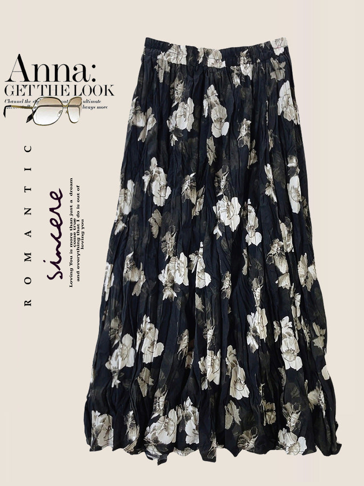 Vintage Floral Pleated Skirt Women Casual Midi Dress