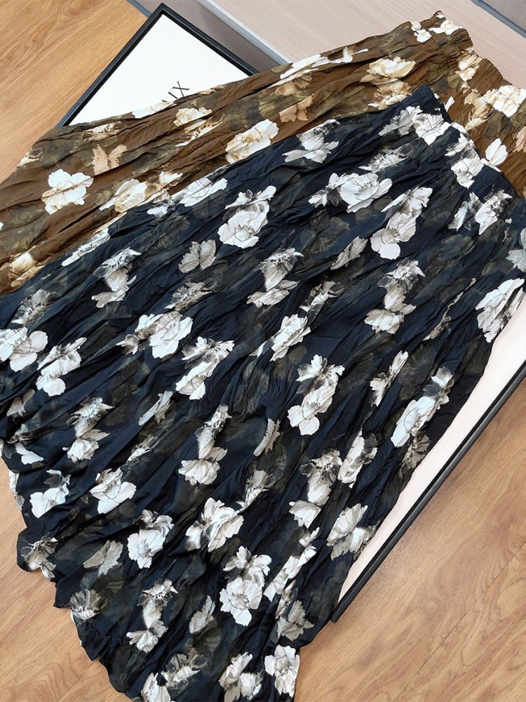 Vintage Floral Pleated Skirt Women Casual Midi Dress