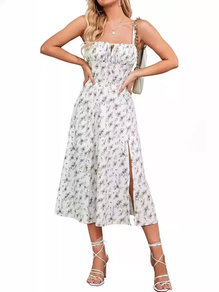 Women Fishbone Shaping Spaghetti Strap Slit Dress