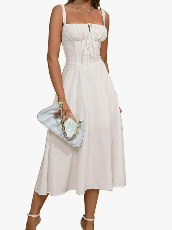 Women Fishbone Shaping Spaghetti Strap Slit Dress