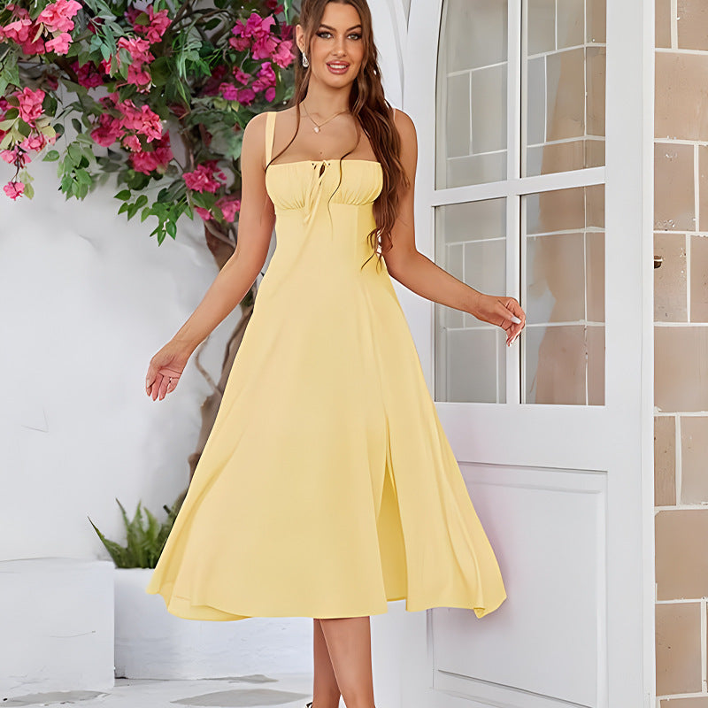 Women Fishbone Shaping Spaghetti Strap Slit Dress