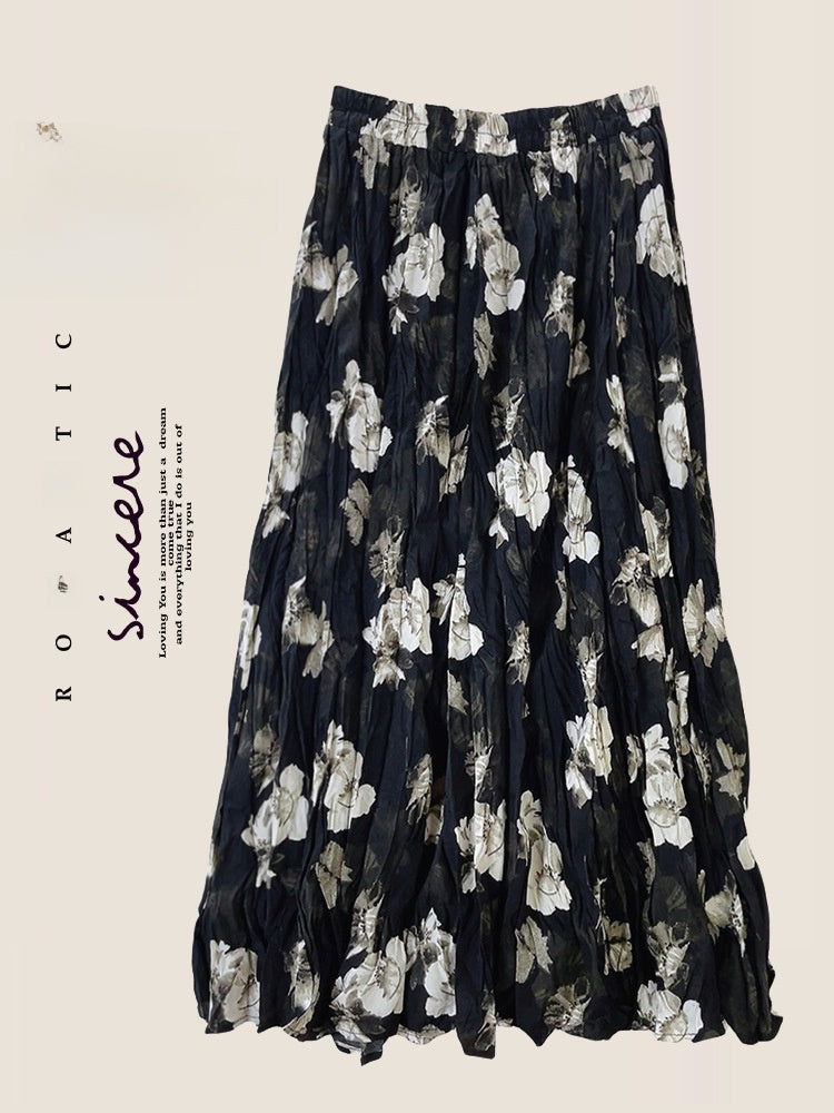 Vintage Floral Pleated Skirt Women Casual Midi Dress