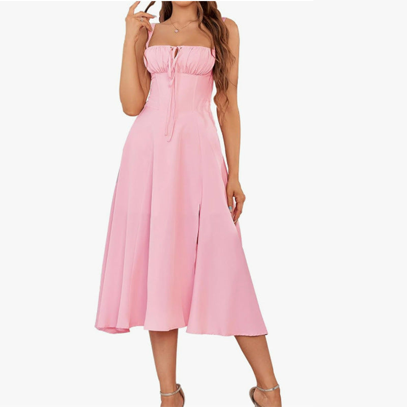 Women Fishbone Shaping Spaghetti Strap Slit Dress