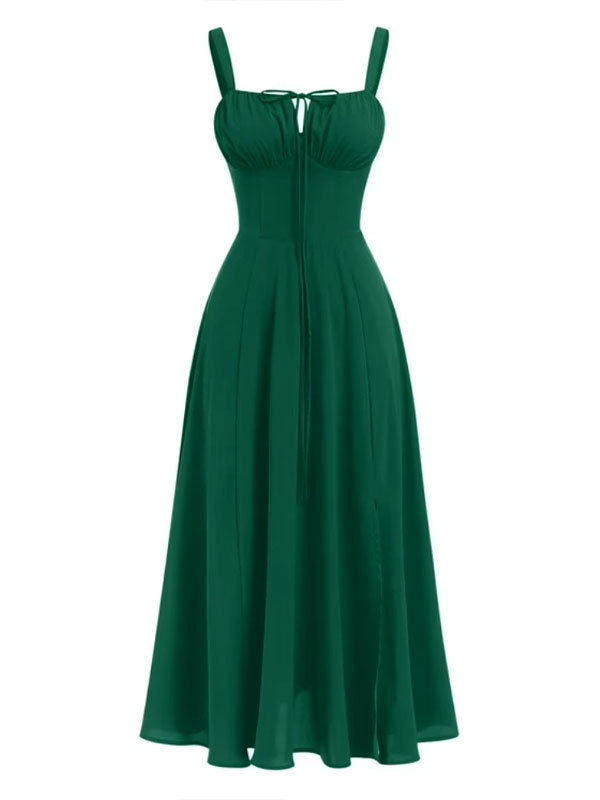 Women Fishbone Shaping Spaghetti Strap Slit Dress