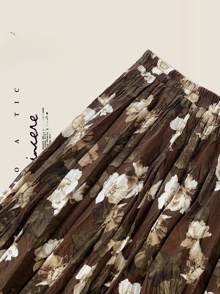 Vintage Floral Pleated Skirt Women Casual Midi Dress
